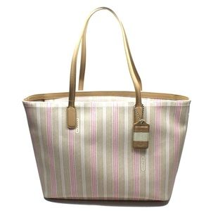 🌸Coach Legacy Weekend Ticking PVC Tote Pink/Khaki